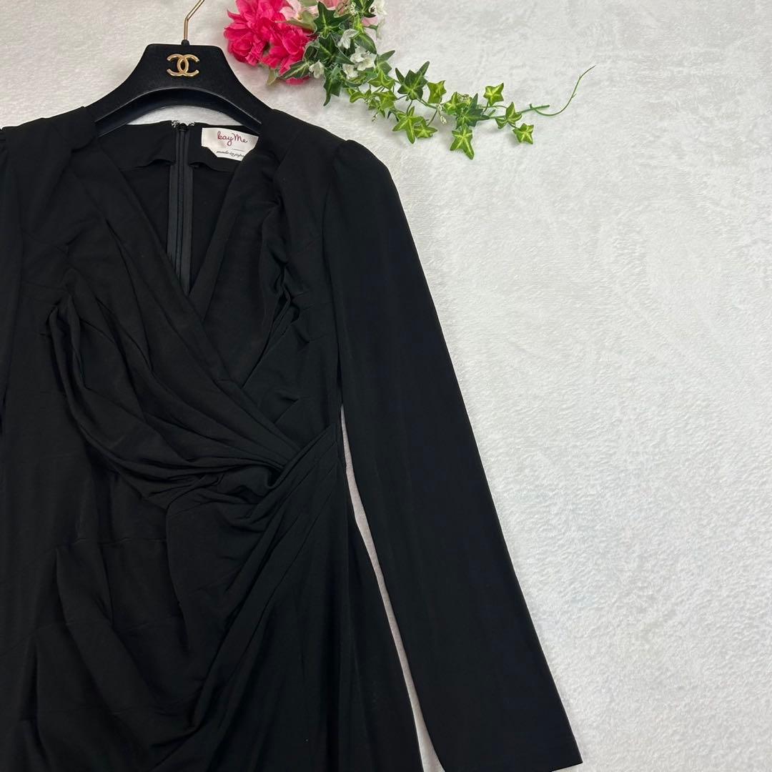 K925 M ケイミー ストレッチ 長袖 ひざ丈ワンピース ブラック レディース