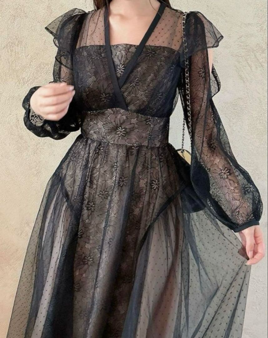 dazzlin/MIXレースドレス/ロングワンピース　ブラック　ドレスワンピース