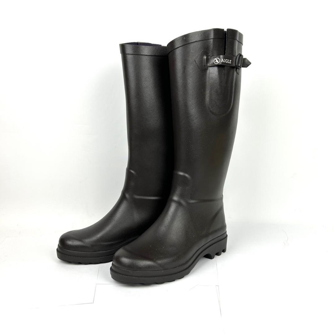 【試着のみ】エーグル AIGLE レインブーツ ロング　ダークブラウン 37
