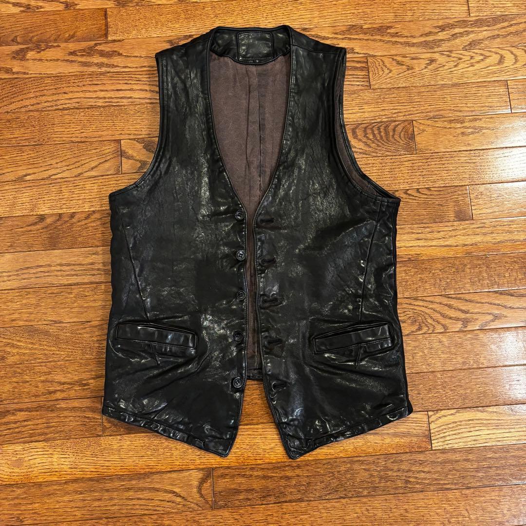 バックラッシュ　イタリアンダブルショルダー製品染めレザーベスト黒S
