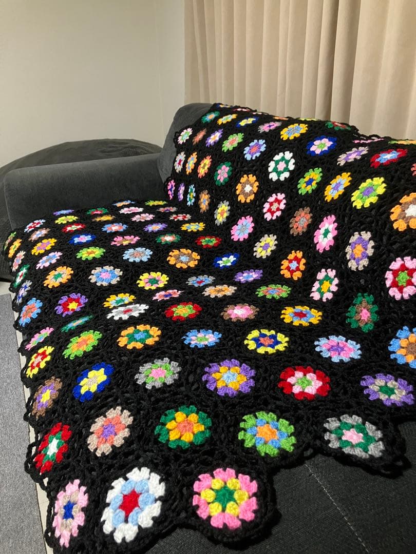 手編み　大判ブランケット　ソファーカバー　ベッドカバー　マルチカバー　かぎ針編み