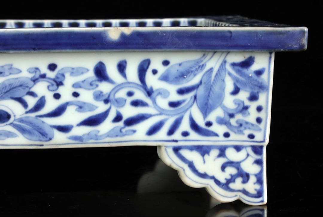 古伊万里 染付花唐草文 雲足 四方水盤 幅31㎝ 盆栽鉢 水石鉢 古美術 骨董品