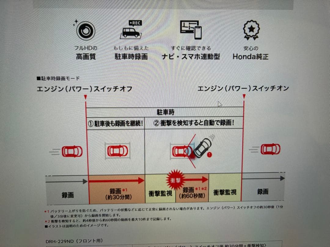 大幅値下げ　新品ドライブレコーダーホンダ純正　ナビ連動　新品未開封　フロント