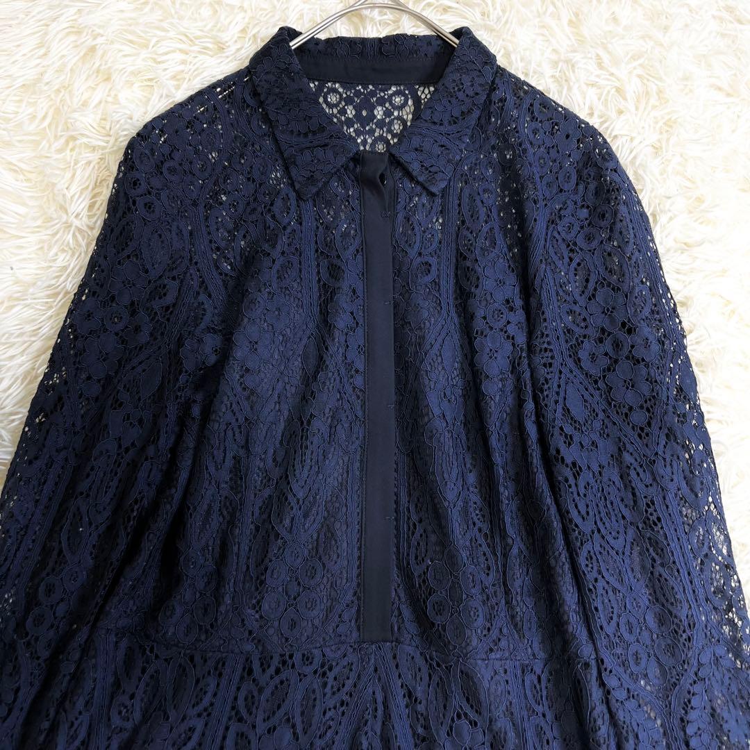 美品✨セルフォード ロングワンピース 総レース 襟付き Aライン ネイビー 38