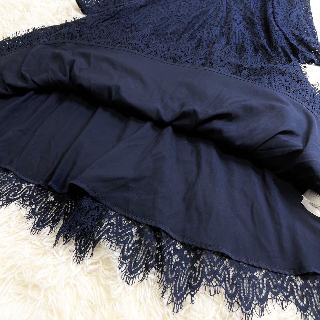 美品✨セルフォード ロングワンピース 総レース 襟付き Aライン ネイビー 38