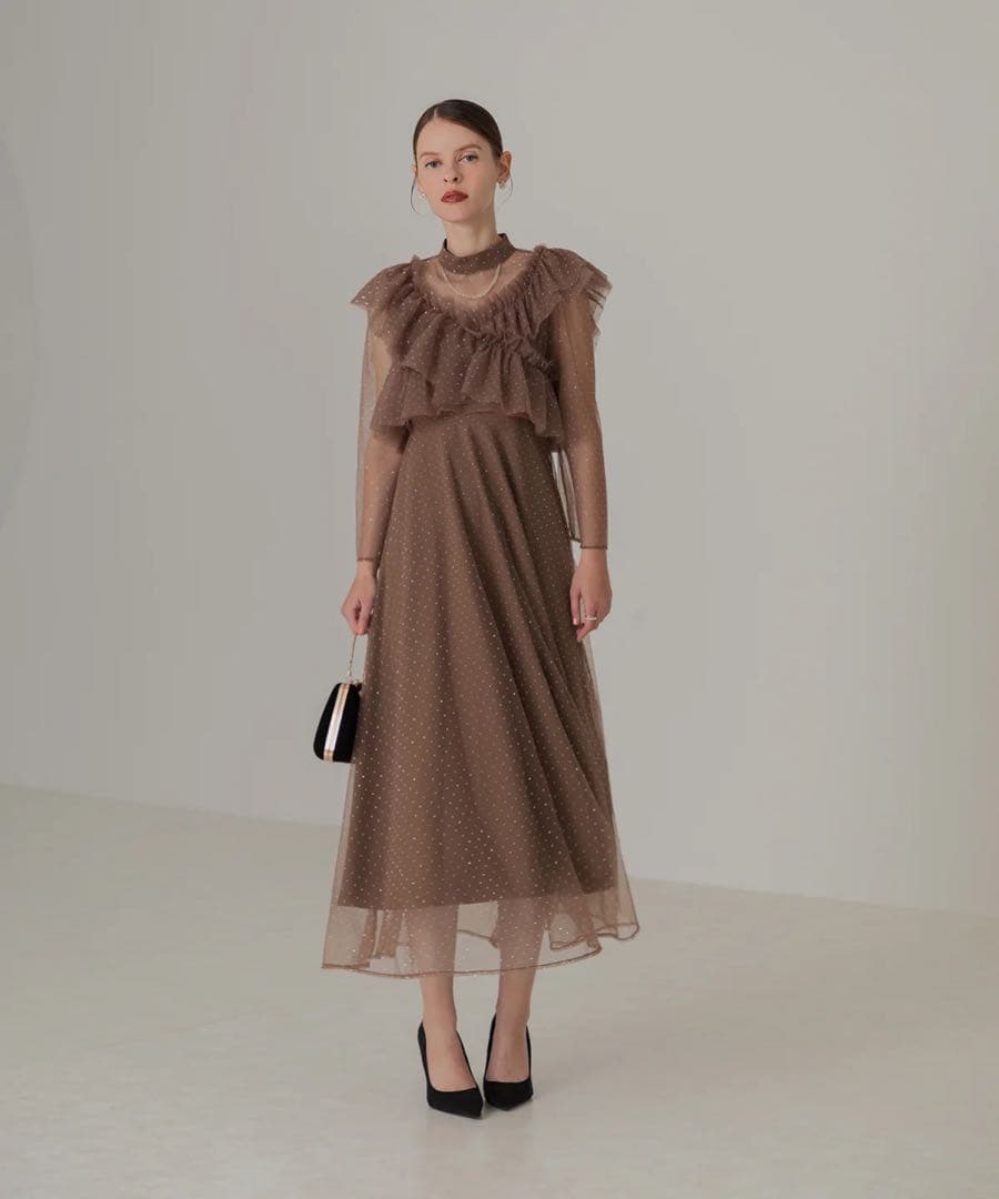 LEJA 2WAYドットストーンギャザーワンピースドレス