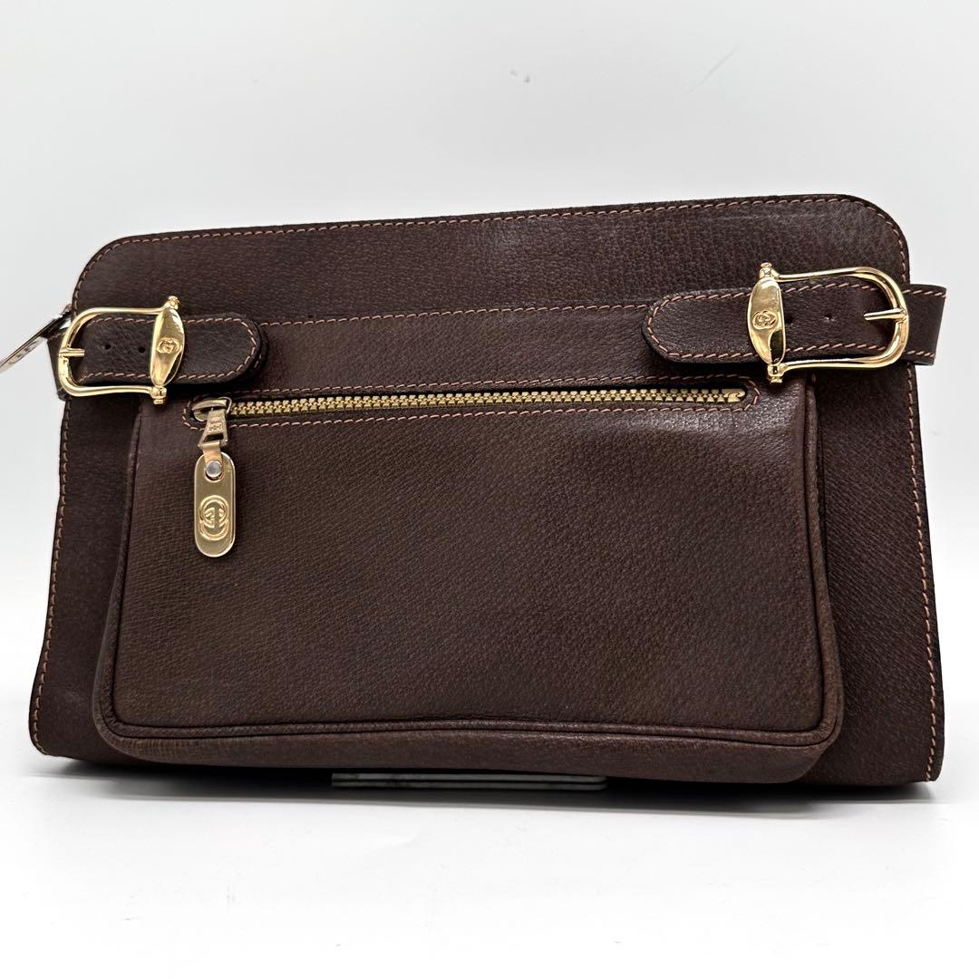 レア極美品 OLD GUCCI クラッチバッグ ロゴ金具 レザー 焦茶 男女兼用