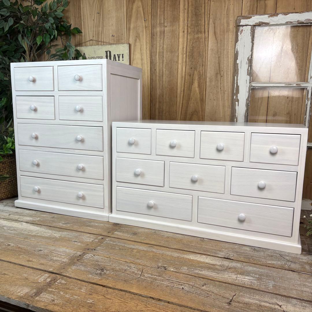 大幅値下げセール中！木製多引き出し桐チェストタンスホワイト二点セット収納家具