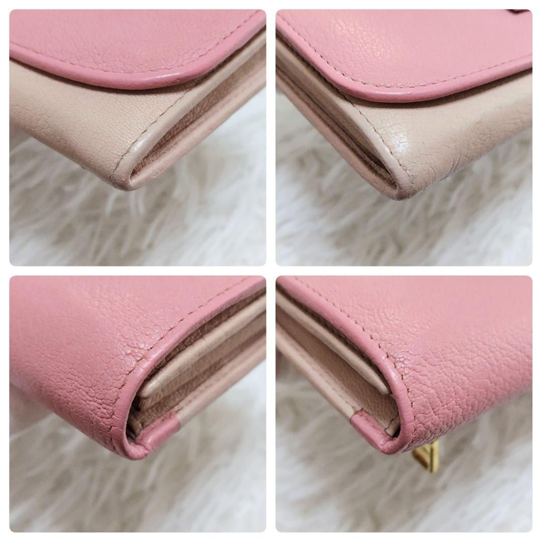 美品✨ミュウミュウ◇バイカラーフラップ長財布　りぼんマドラスレザーピンクベージュ