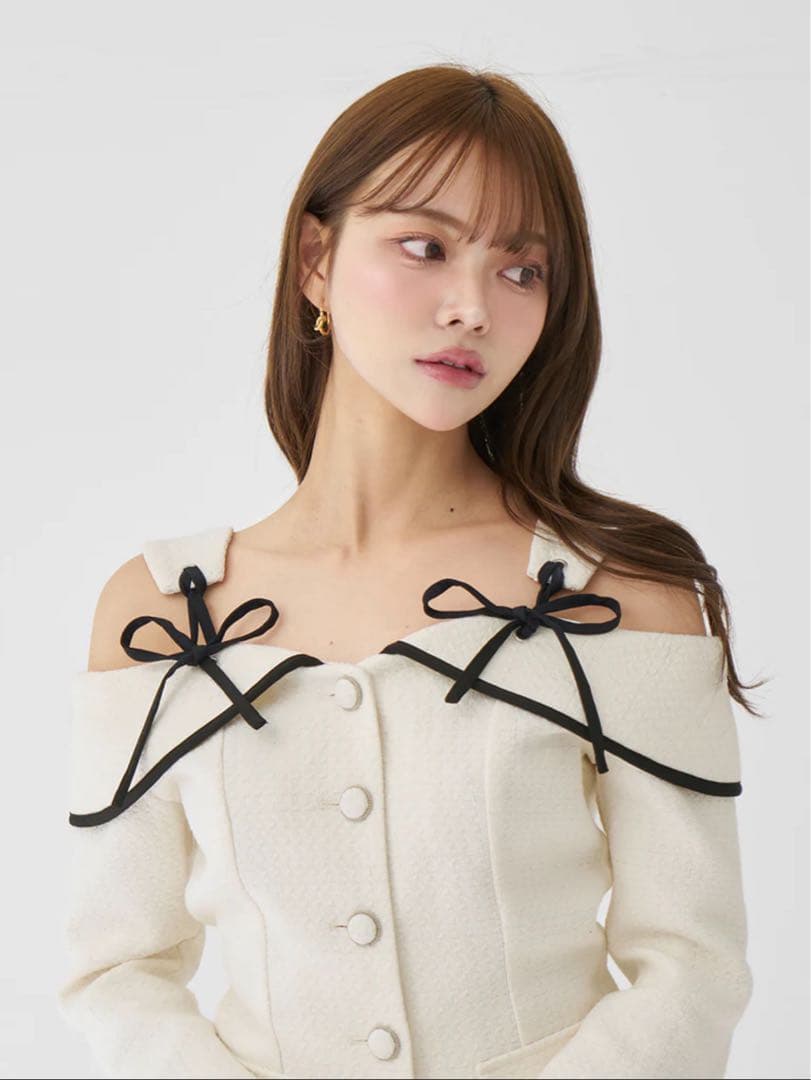 ダーリッチ ボンディングツイードオフショルチュニック S 白