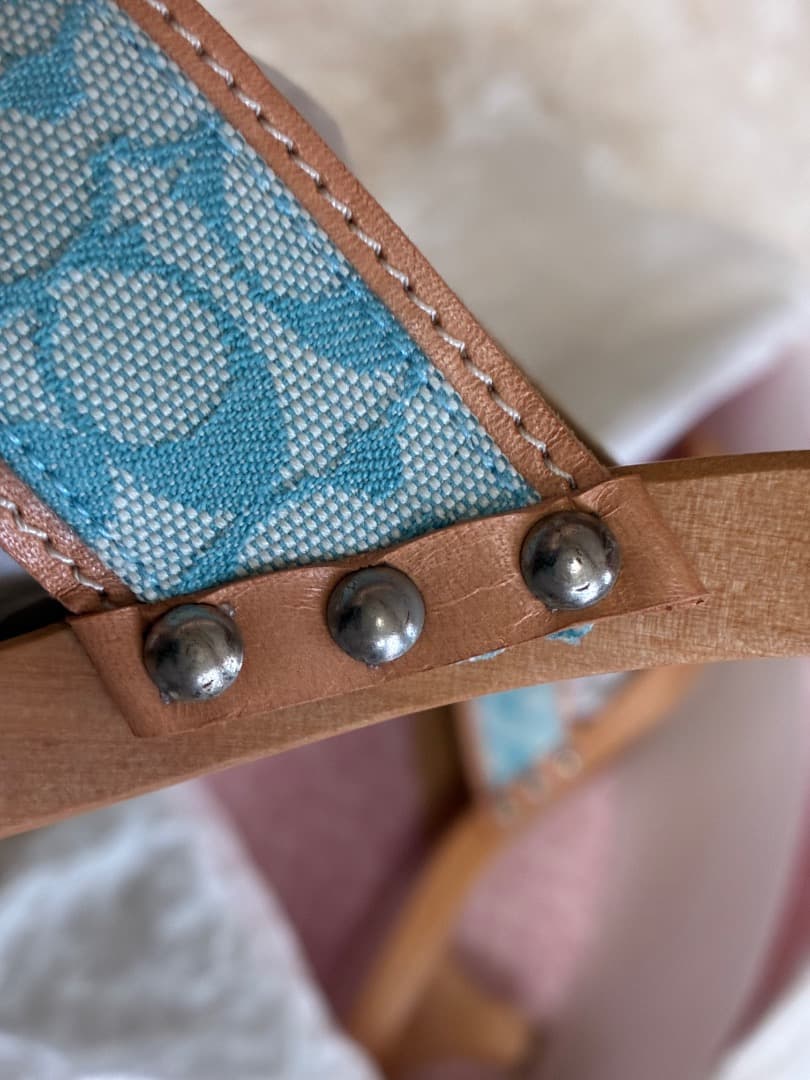 稀少　未使用品　ヴィンテージ　コーチシャロンブルー＆ブラウンレザー木製下駄