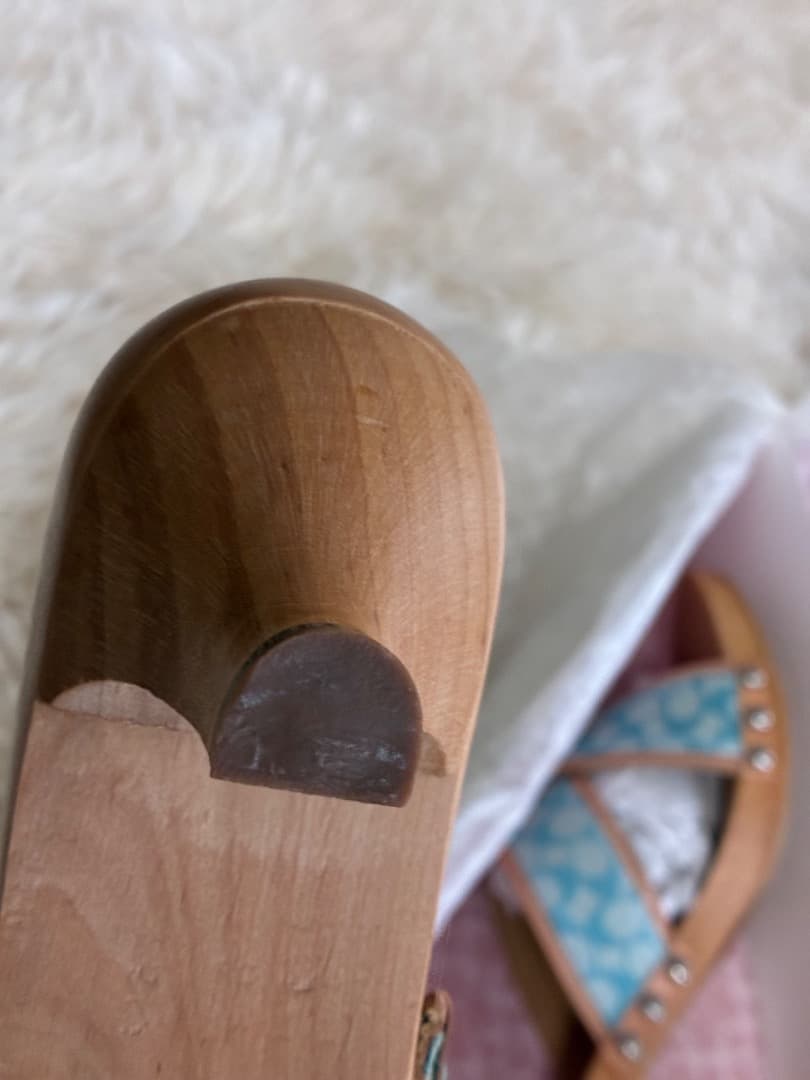 稀少　未使用品　ヴィンテージ　コーチシャロンブルー＆ブラウンレザー木製下駄