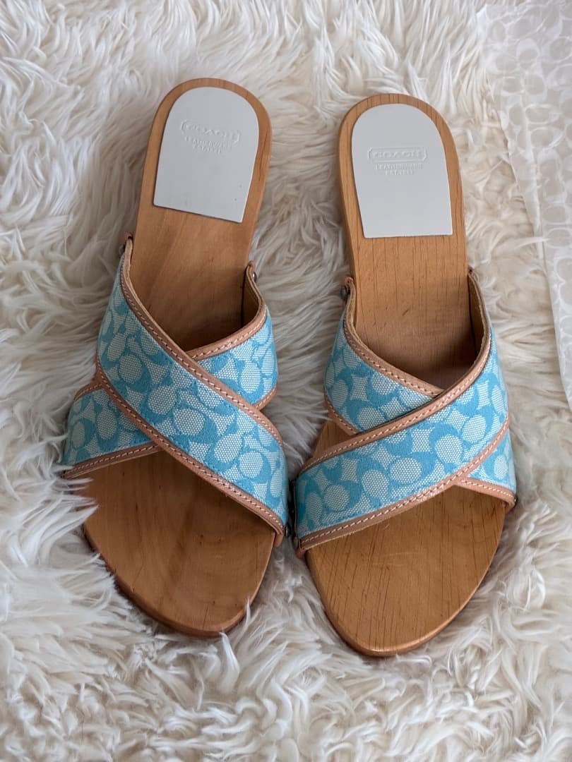 稀少　未使用品　ヴィンテージ　コーチシャロンブルー＆ブラウンレザー木製下駄