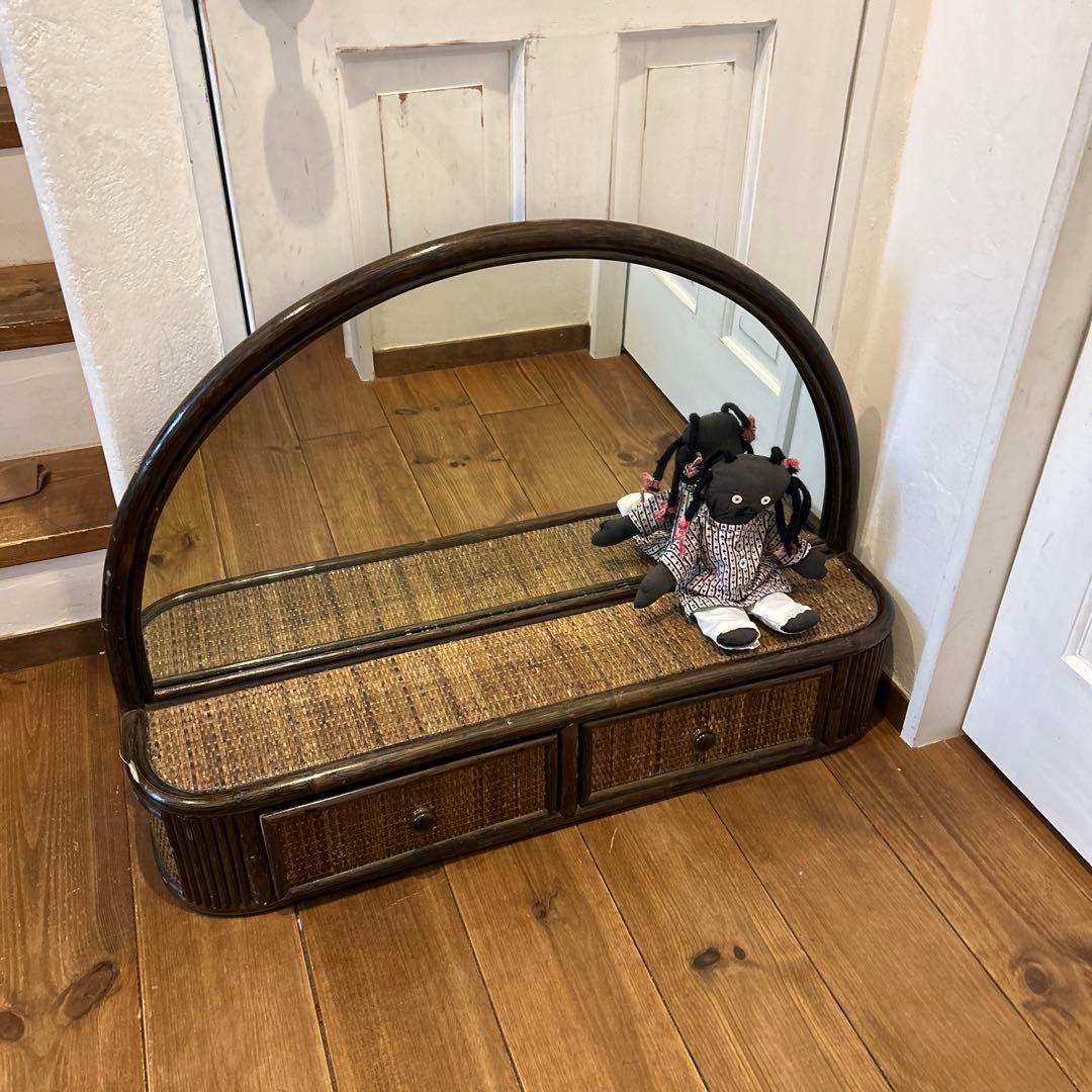 希少　ラタン　ドレッサー　家具　籐　鏡 引き出し収納　古道具　置き型　レトロ