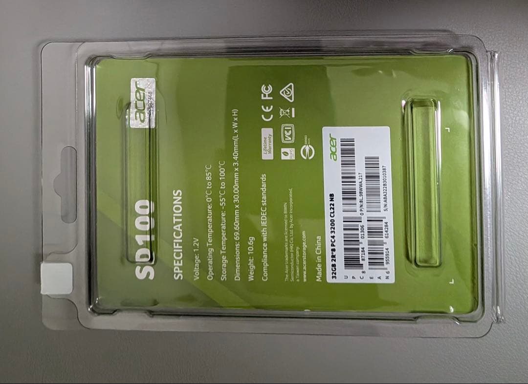 メモリー acer SD100 32GB SO-DIMM 3200MHz