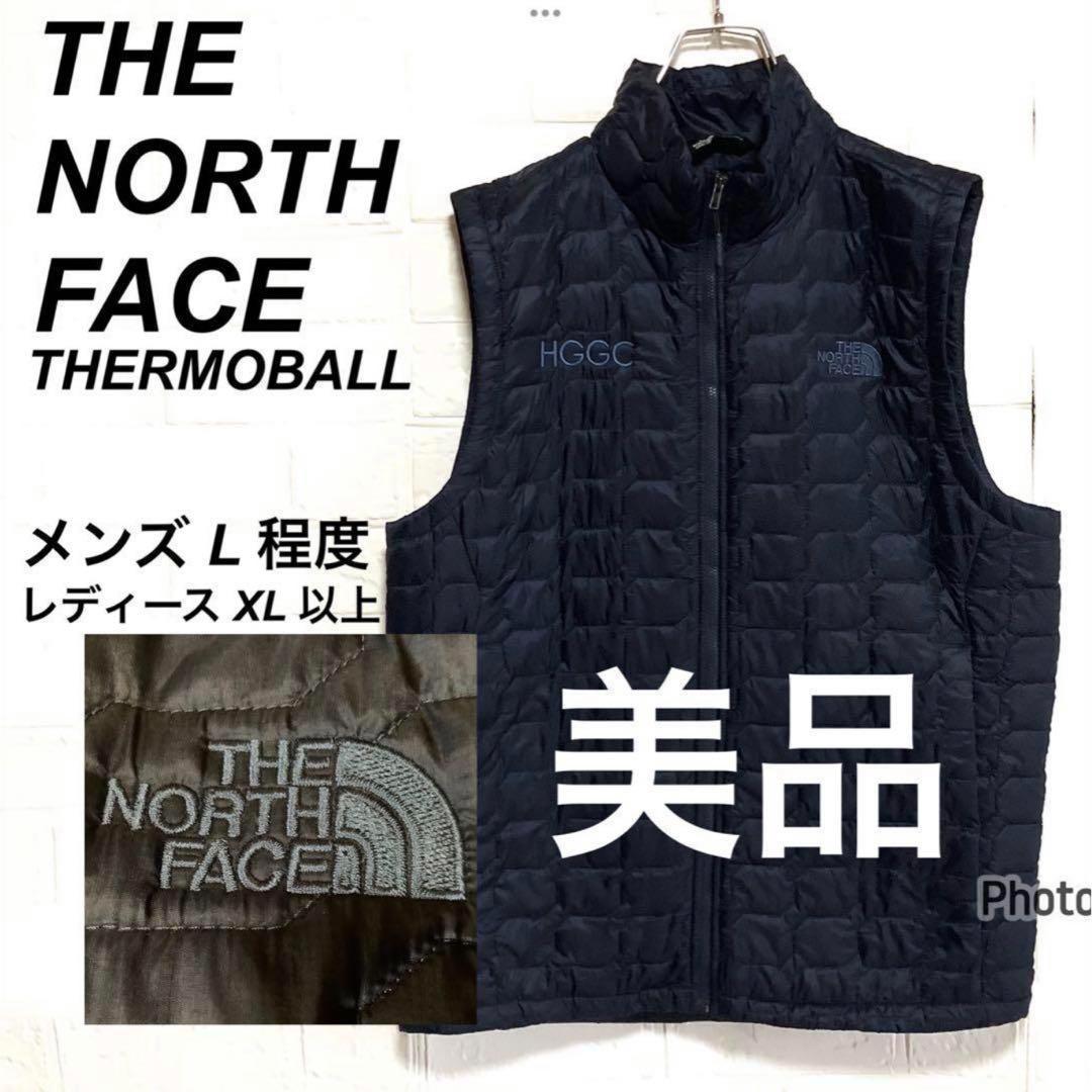 ○美品 ノースフェイス 中綿ベスト THERMOBALL 刺繍ロゴ ネイビー L