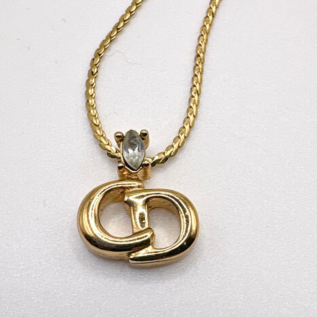クリスチャンディオール ロゴクリアストーンネックレス ヴィンテージ ゴールド