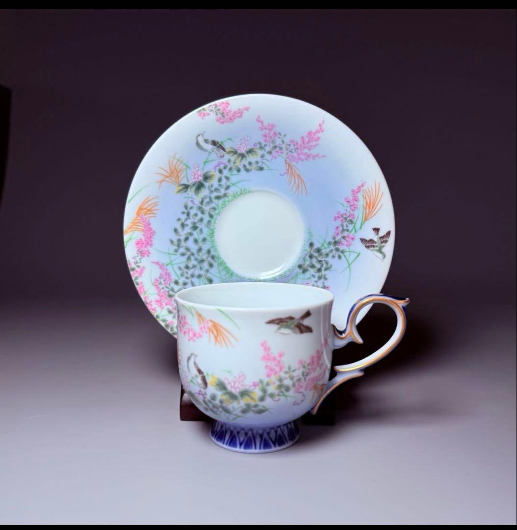 深川製磁　高級ライン　色絵花鳥図　カップ＆ソーサー　ラスト1客
