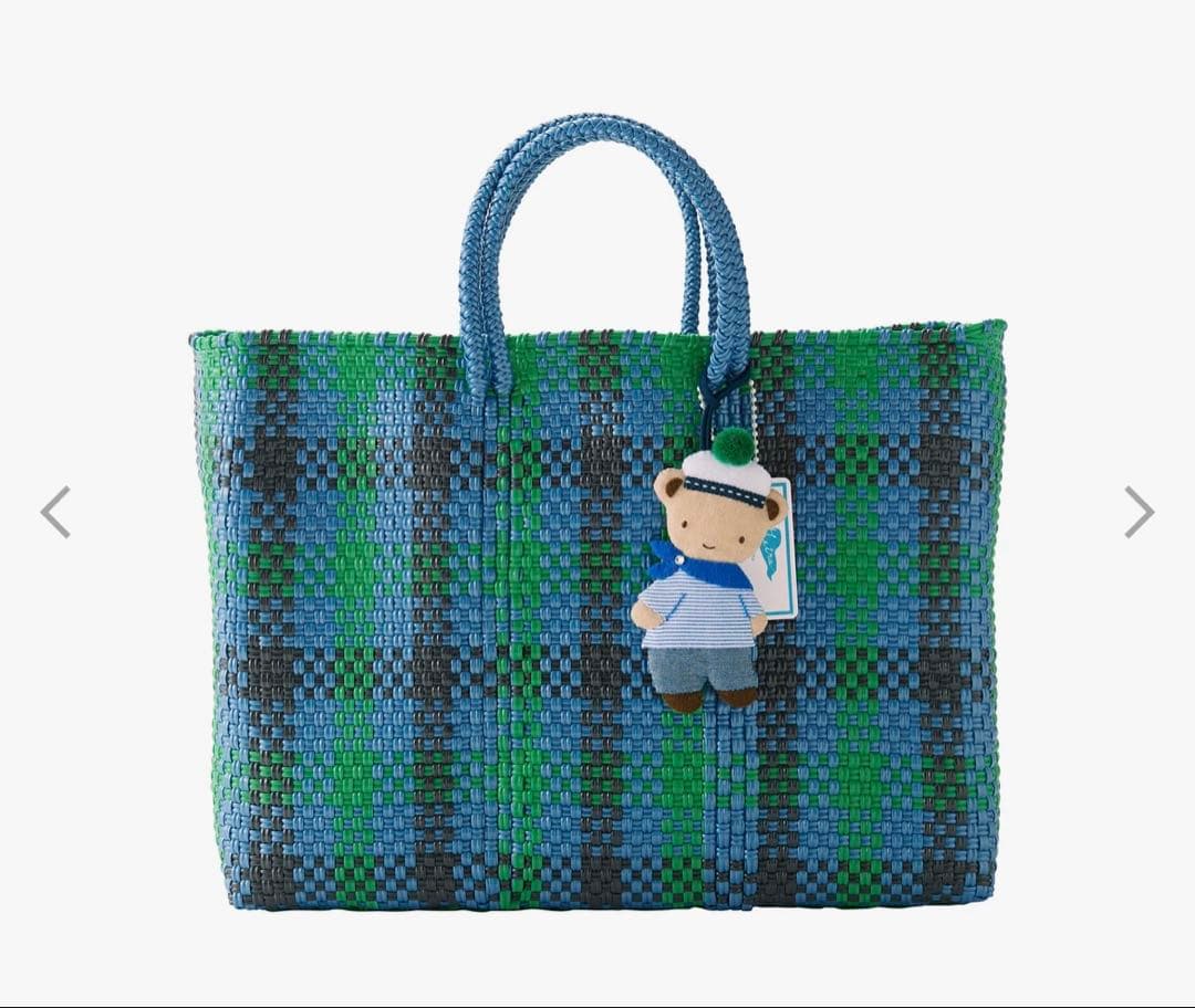 Familiar 青緑チェック かごバッグ　ファミリア　メルカドバック