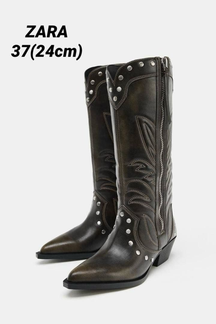ZARA スタッズ付きカウボーイブーツ　ウエスタンブーツ