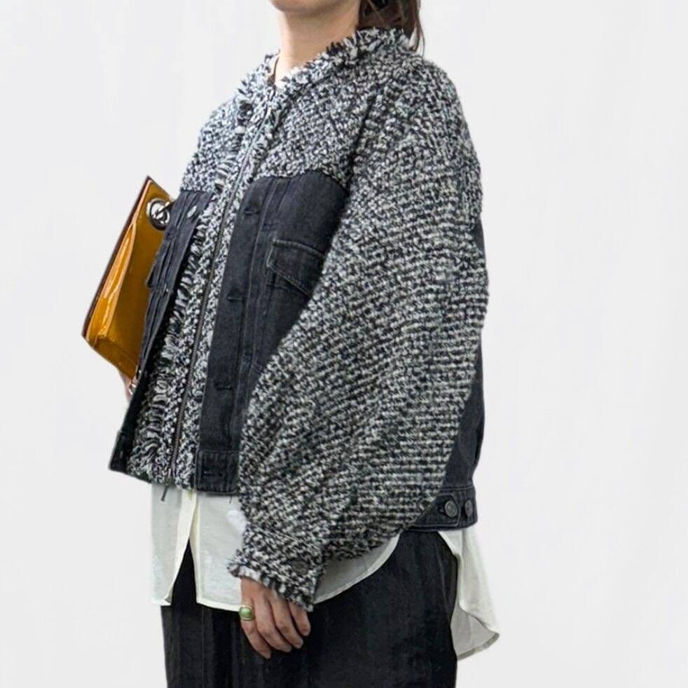 美品✨QTUME クチューム★ノーカラー ツイードデニムジャケット Mサイズ