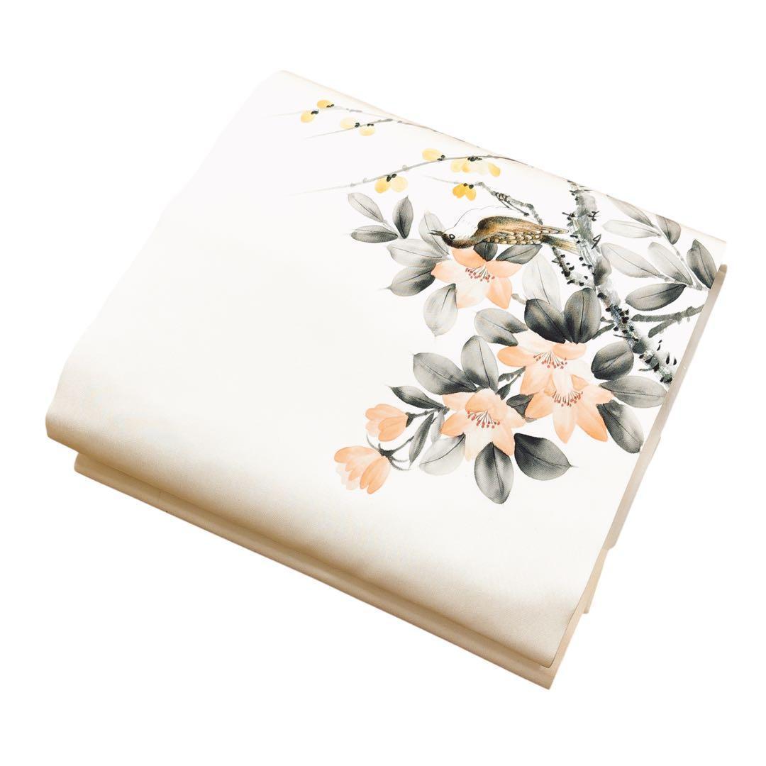 A 98未使用名古屋帯 塩瀬　9寸　雀と椿模様正絹 着物帯美品