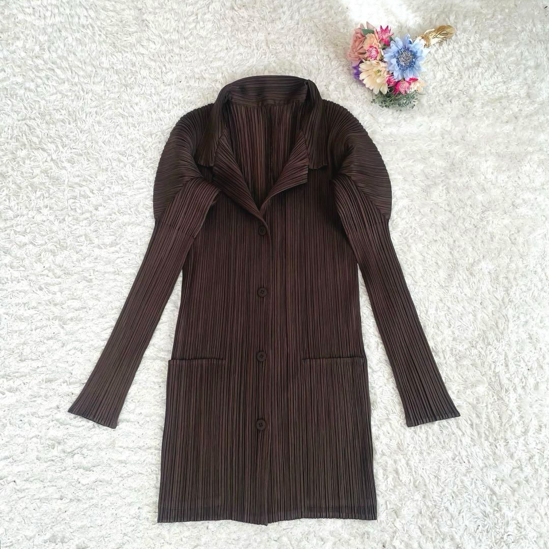 人気✨プリーツプリーズ♡長袖ロングブラウス カーディガン ポケット付き　3 濃茶