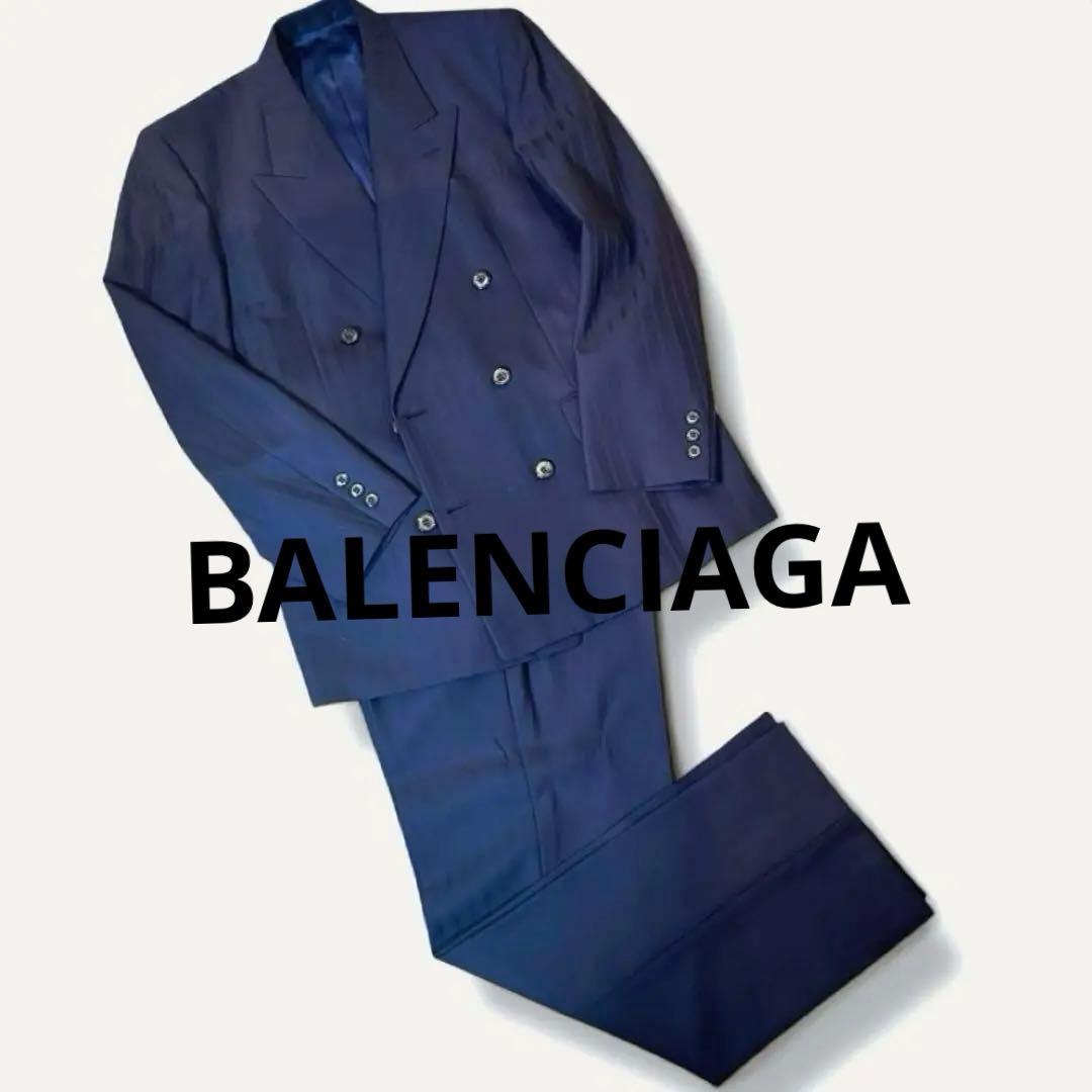 美品 バレンシアガ ダブルブレストスーツ セットアップ ウール 紺 ストライプ