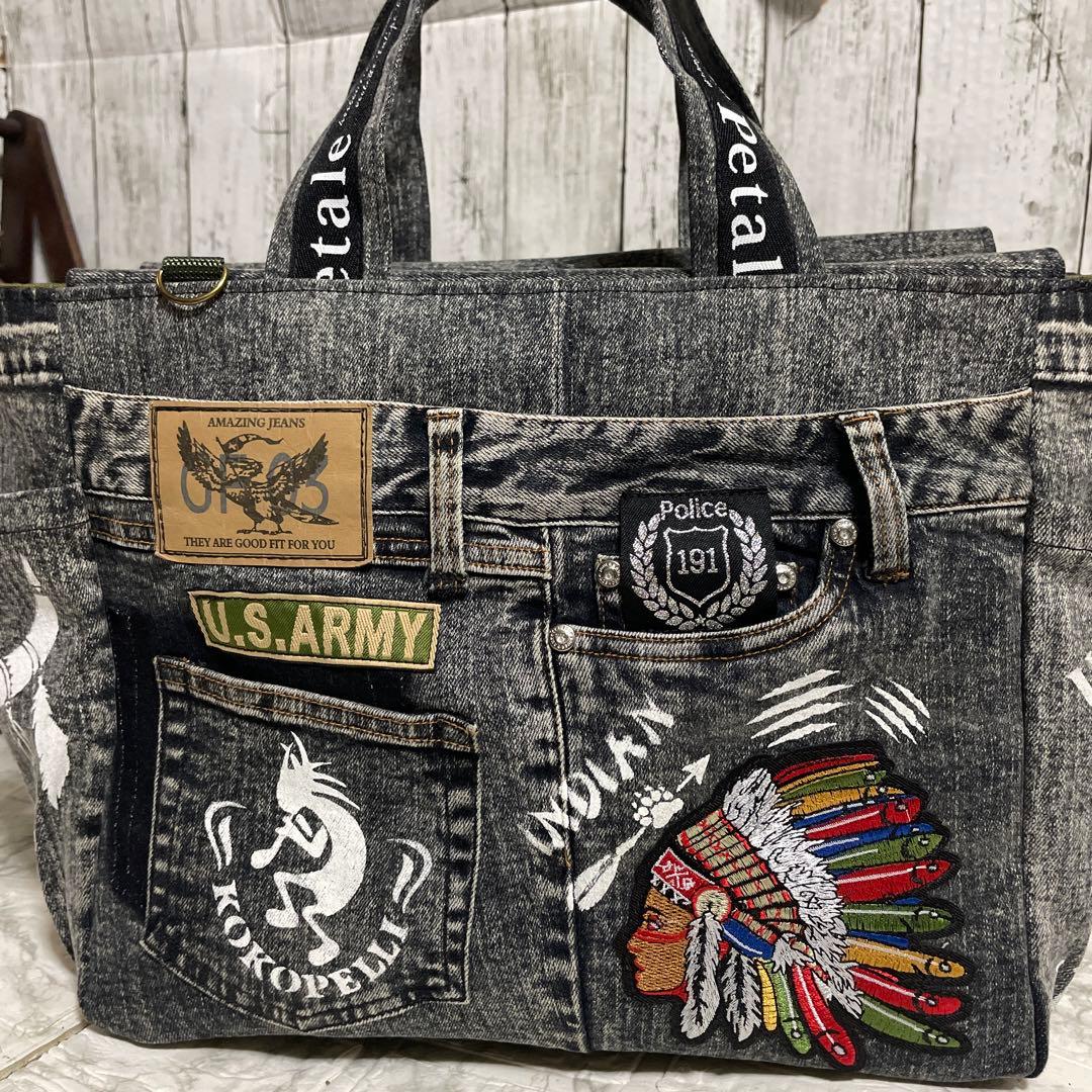No.523デニムリメイクバッグ　トートバッグ　インディアン　ココペリ 男前
