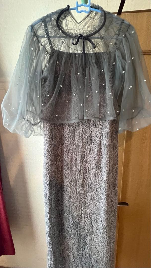 【LEJA】パール付きケープ風リボンパフスリーブボレロ刺繍レースキャミワンピ