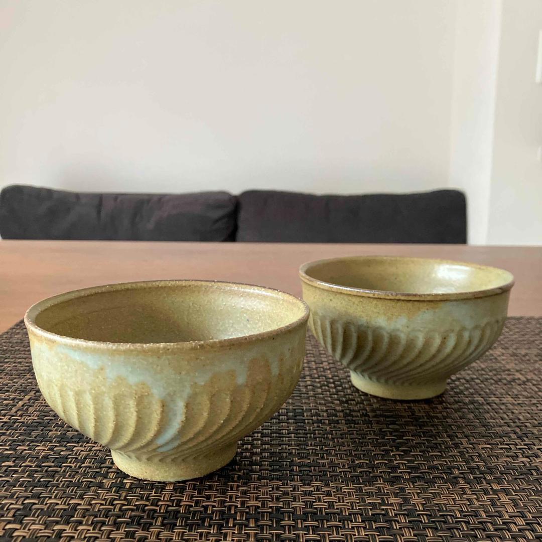 青緑色 波状模様 陶器 茶碗 2個セット
