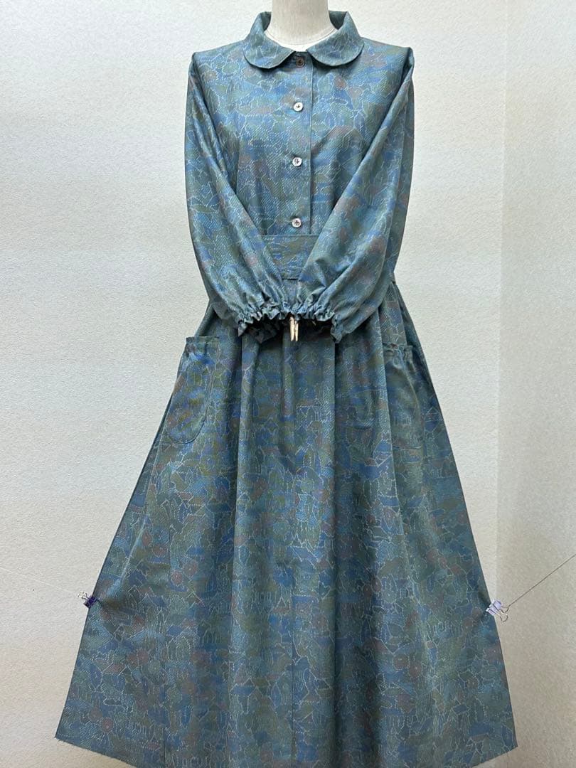 着物リメイク　紬ワンピース前ボタン　 Lサイズ