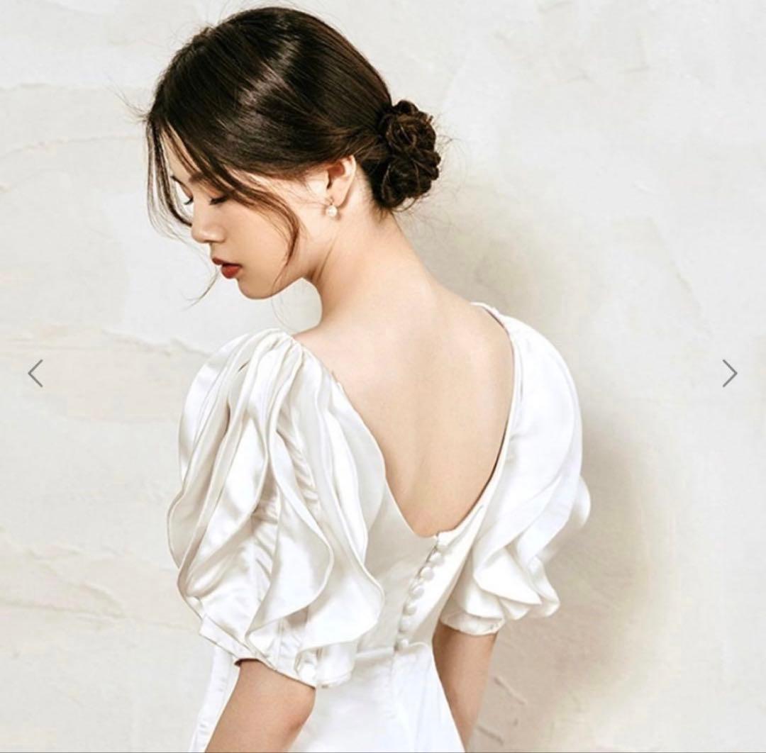 パフスリーブ サテンソフトマーメイドウエディングドレス 二次会 花嫁 S