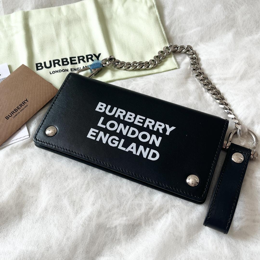 BURBERRY ウォレットチェーン ショルダー レザー ブラック ロゴプリント