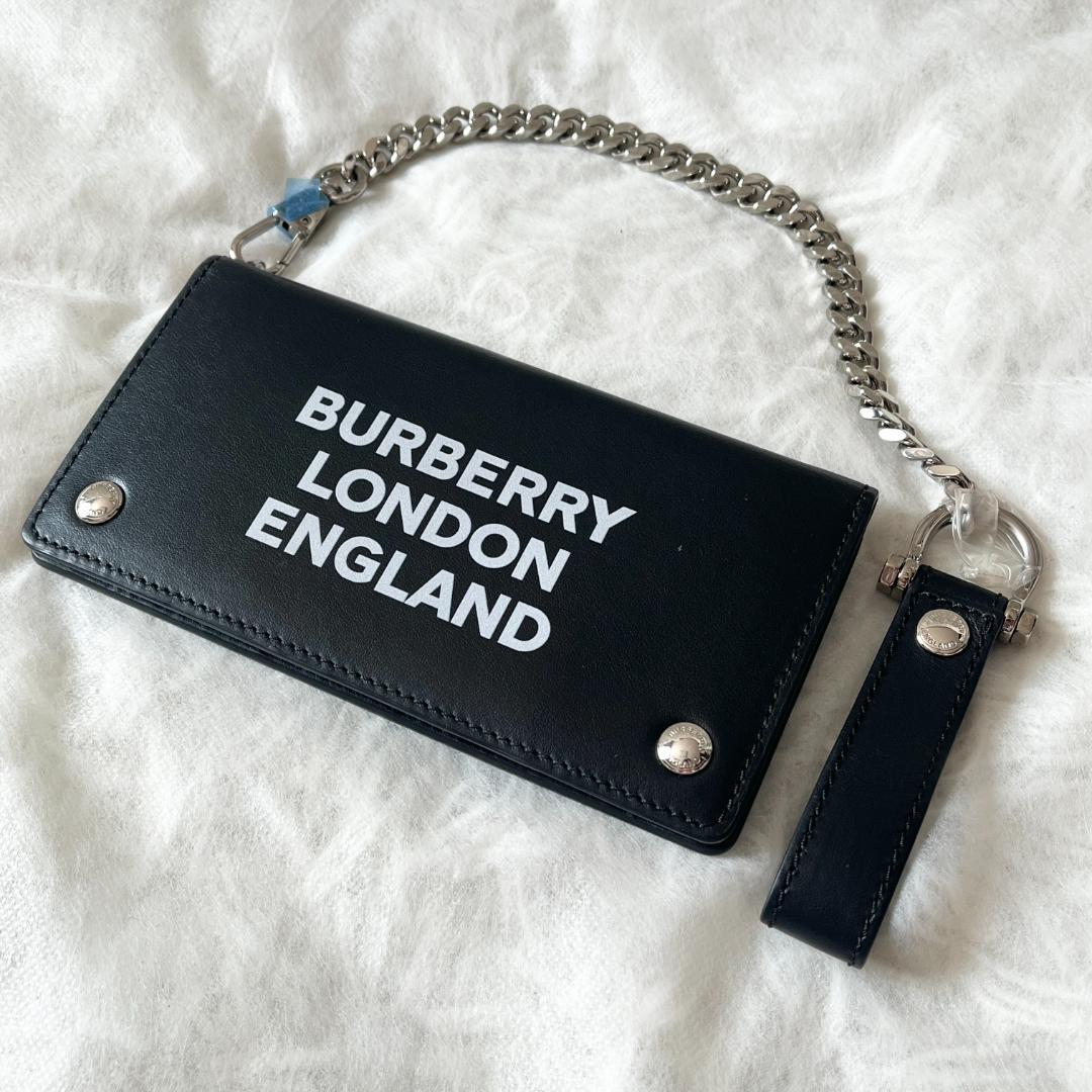 BURBERRY ウォレットチェーン ショルダー レザー ブラック ロゴプリント