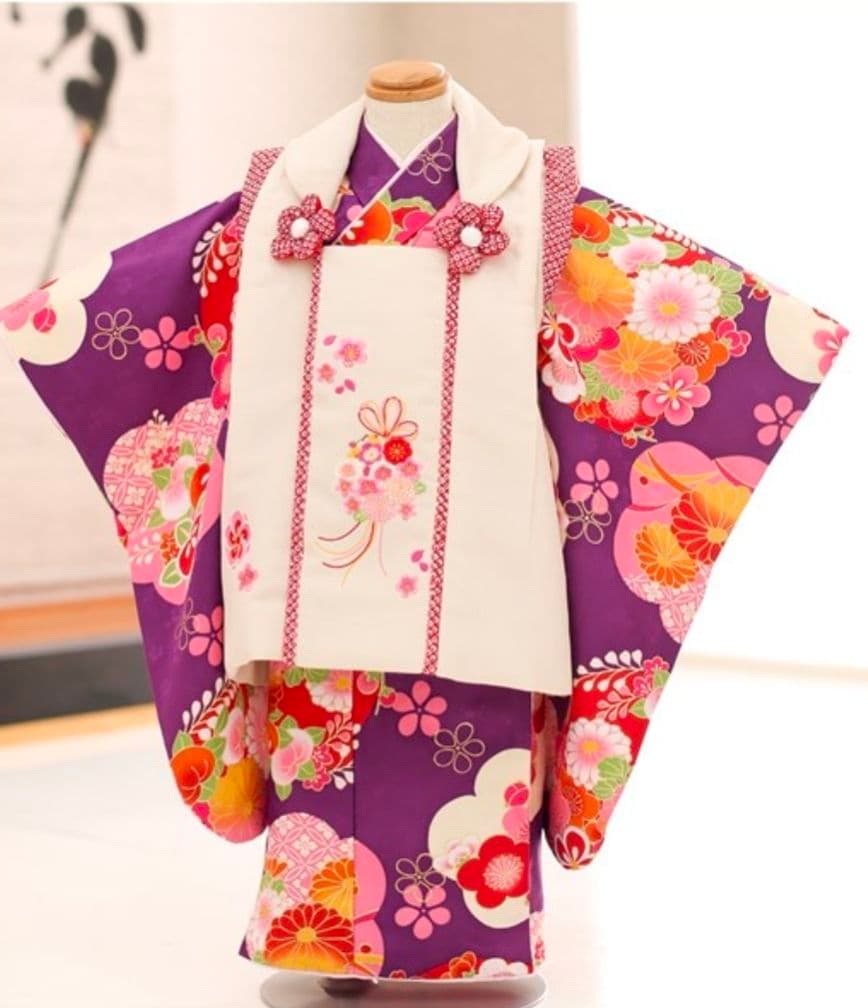 美品★3歳★白い被布＆紫花着物＆白草履小物