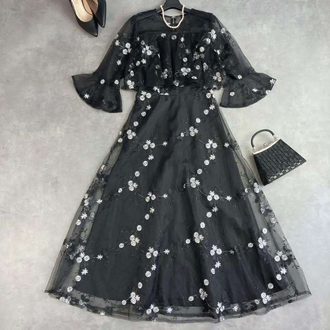 【タグ付】retica レティカ シースルー七分袖花柄刺繍ロングパーティードレス