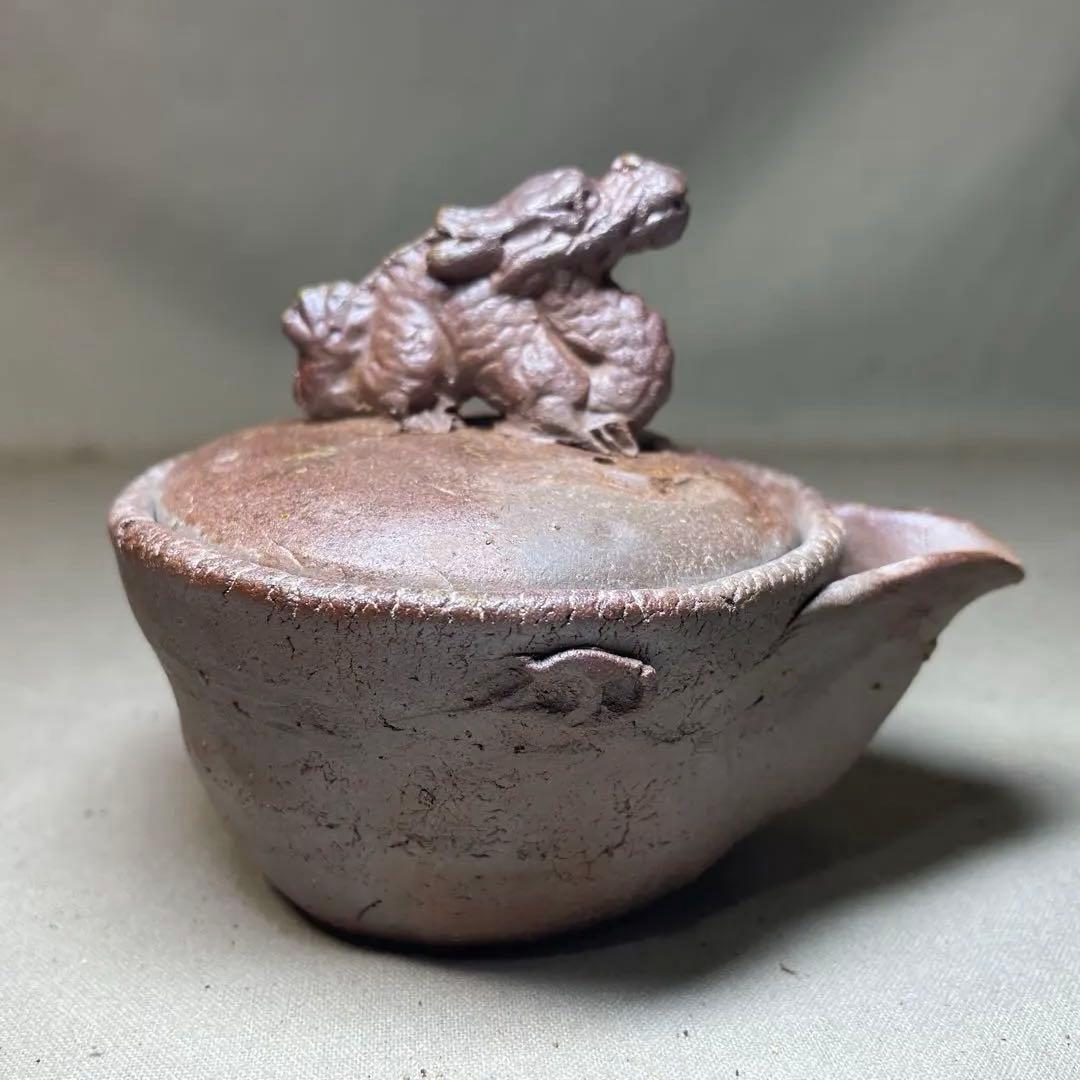 ト*ー様 備前焼　備前手造り龍宝瓶　獅子宝瓶 在銘 ２点セット 煎茶器 急須 煎