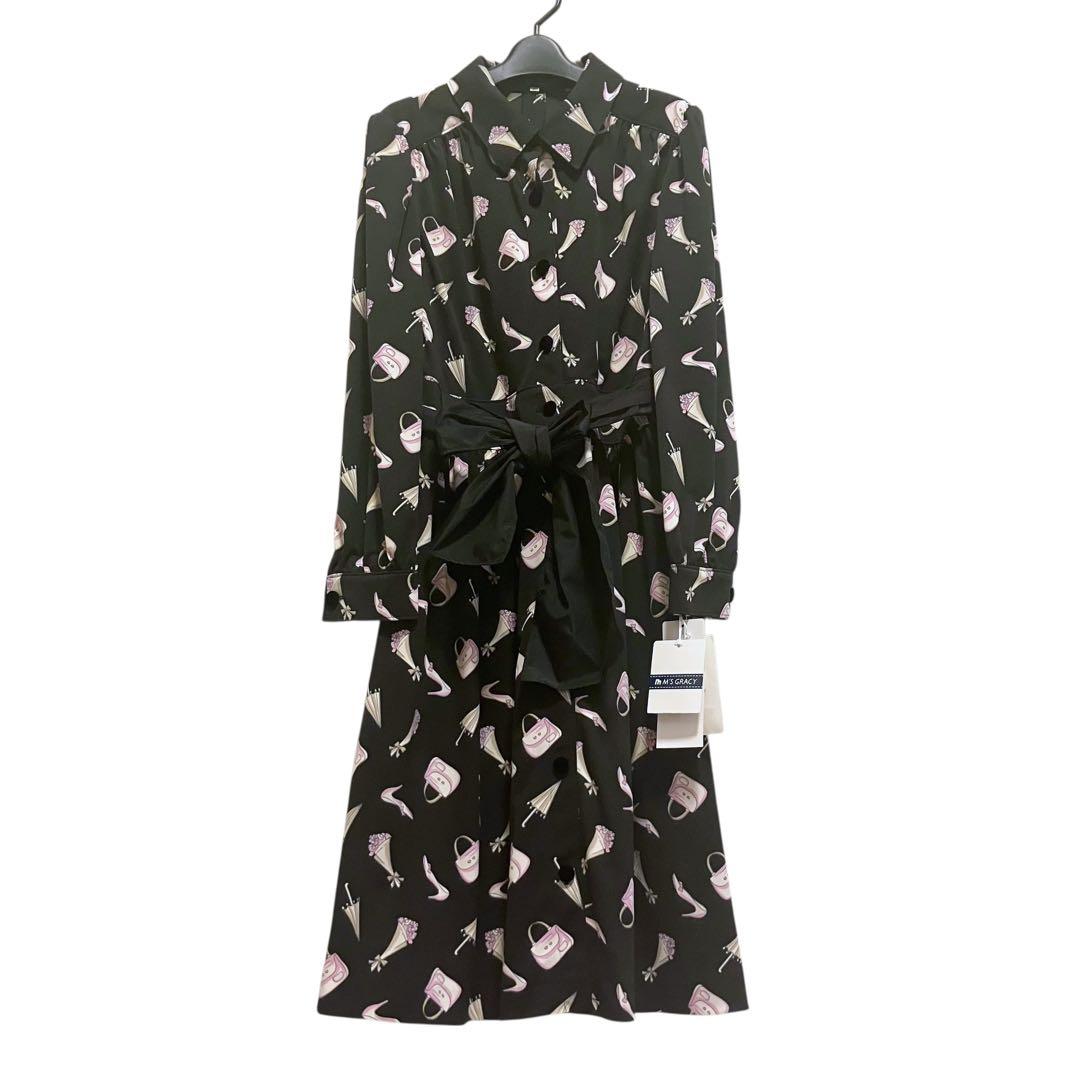 未使用 エムズグレイシー 40 総柄モチーフ シャツワンピース ブラック ベルト