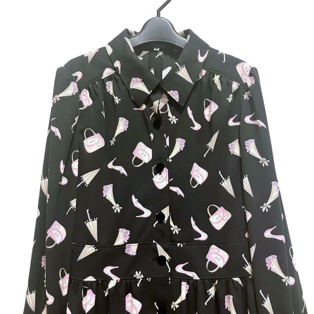 未使用 エムズグレイシー 40 総柄モチーフ シャツワンピース ブラック ベルト