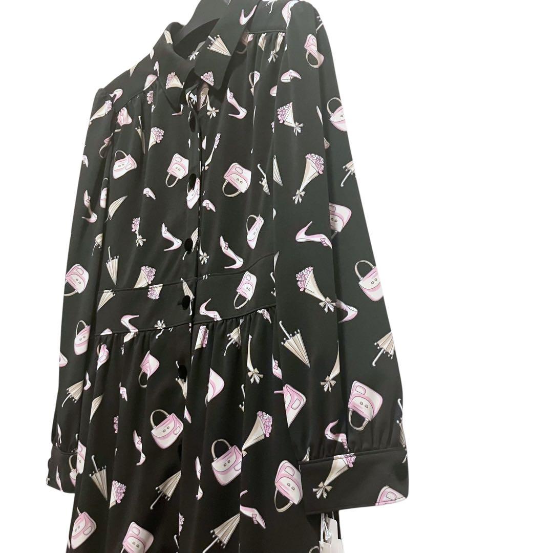 未使用 エムズグレイシー 40 総柄モチーフ シャツワンピース ブラック ベルト