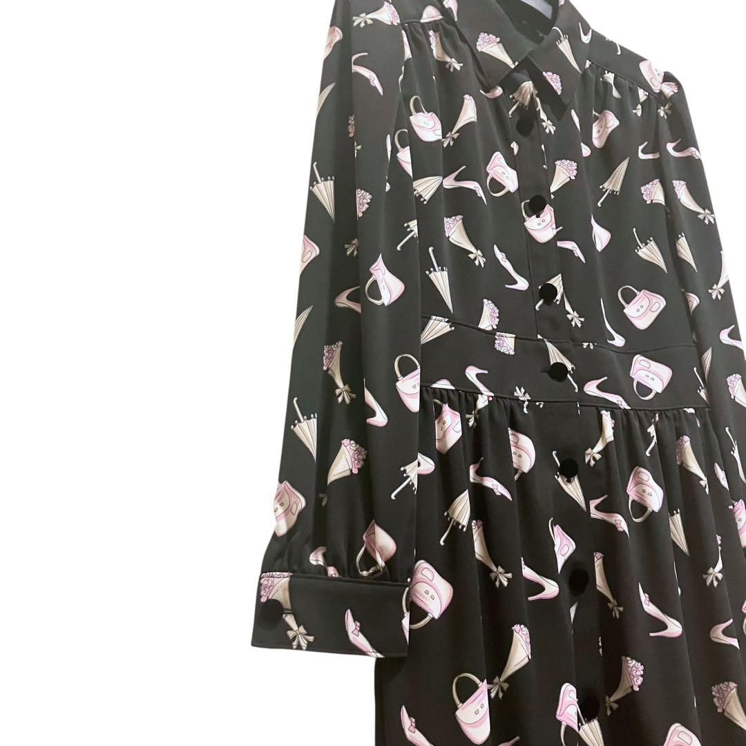 未使用 エムズグレイシー 40 総柄モチーフ シャツワンピース ブラック ベルト