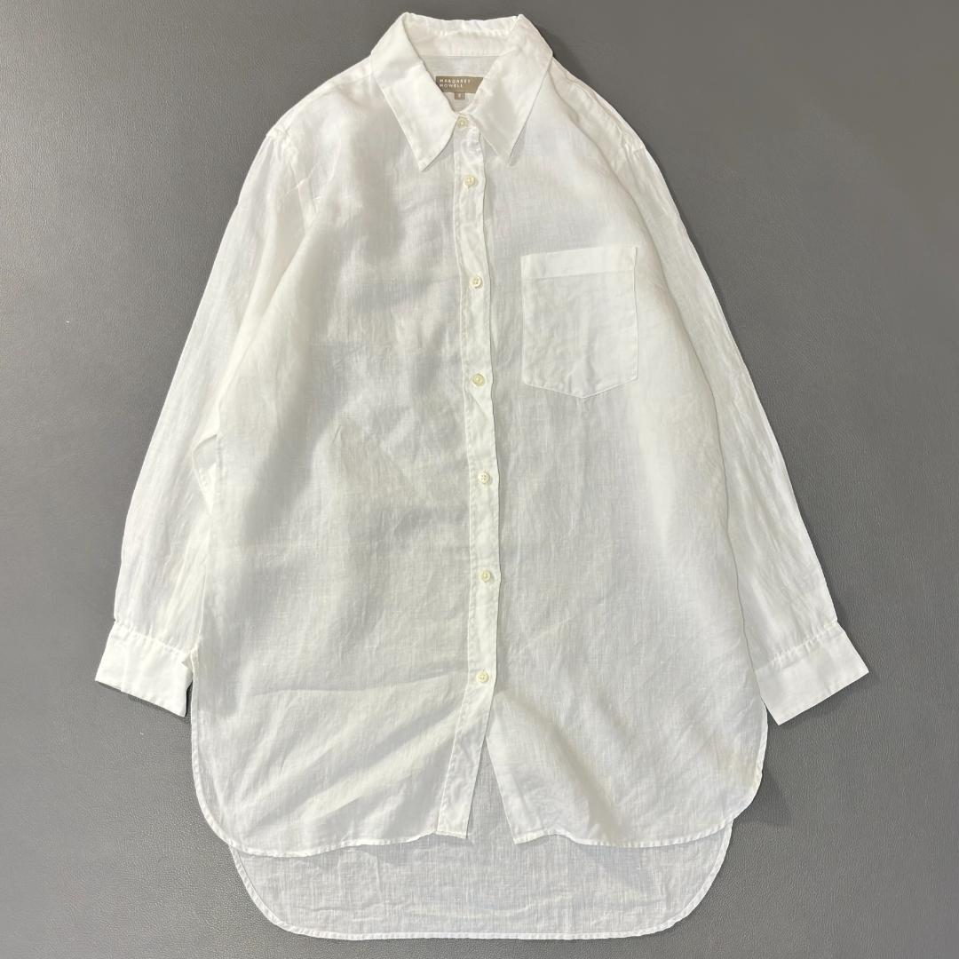 マーガレットハウエル リネン ロングシャツ 長袖ブラウス 麻 白 Ⅱ ts5