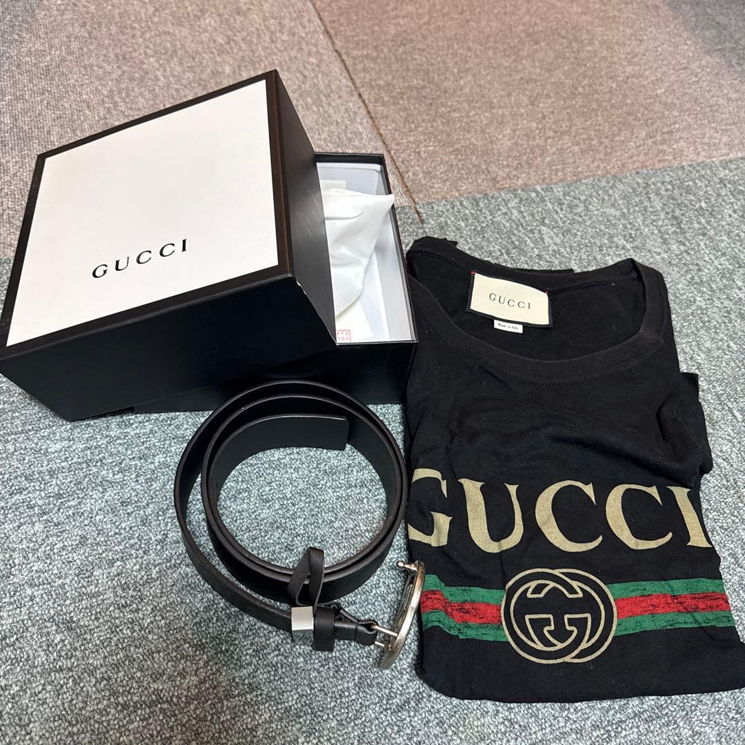 GUCCI ブラックレザーベルトとTシャツセット