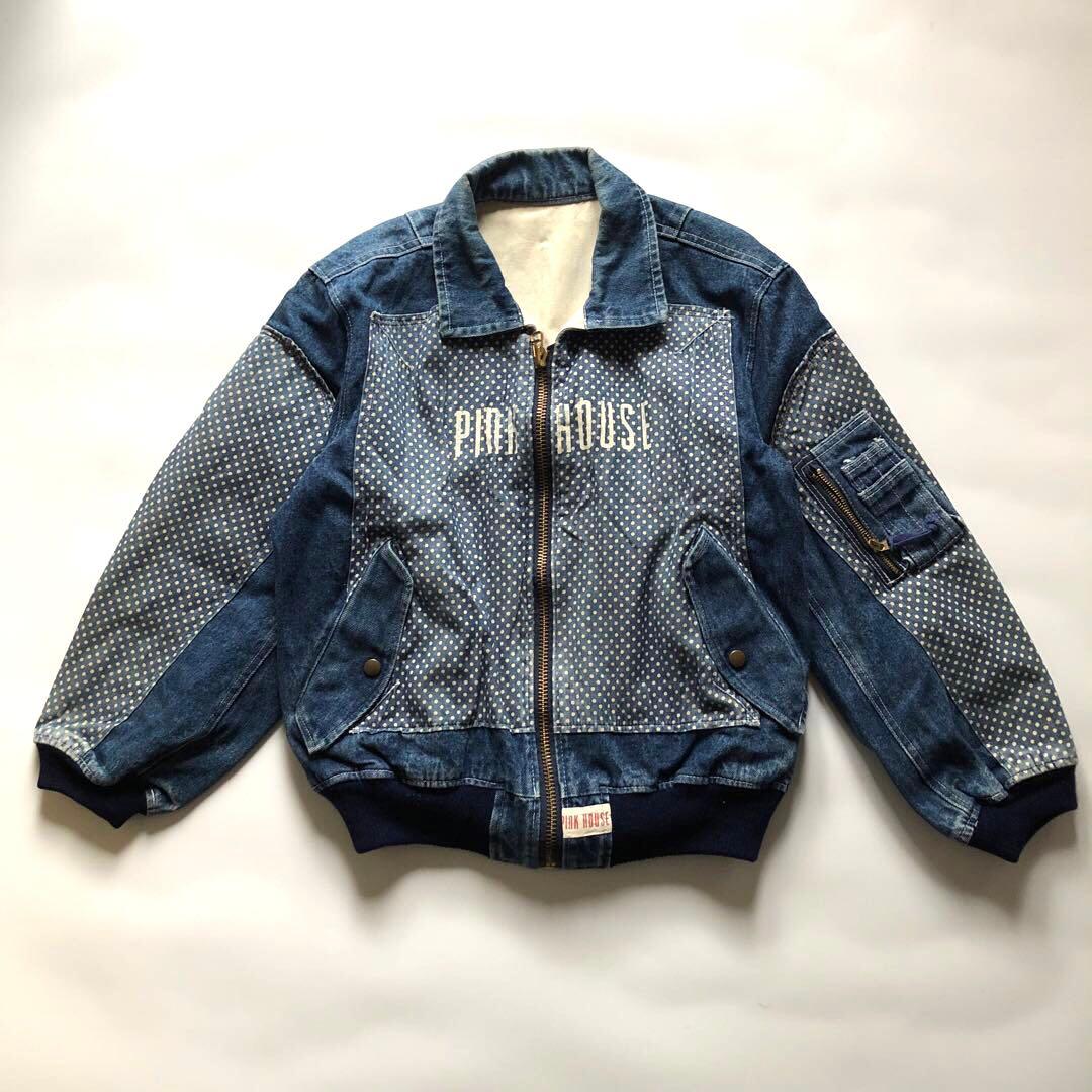 ★レトロ★ピンクハウス ロゴデニムジップジャケット ドット 切替 ブルー