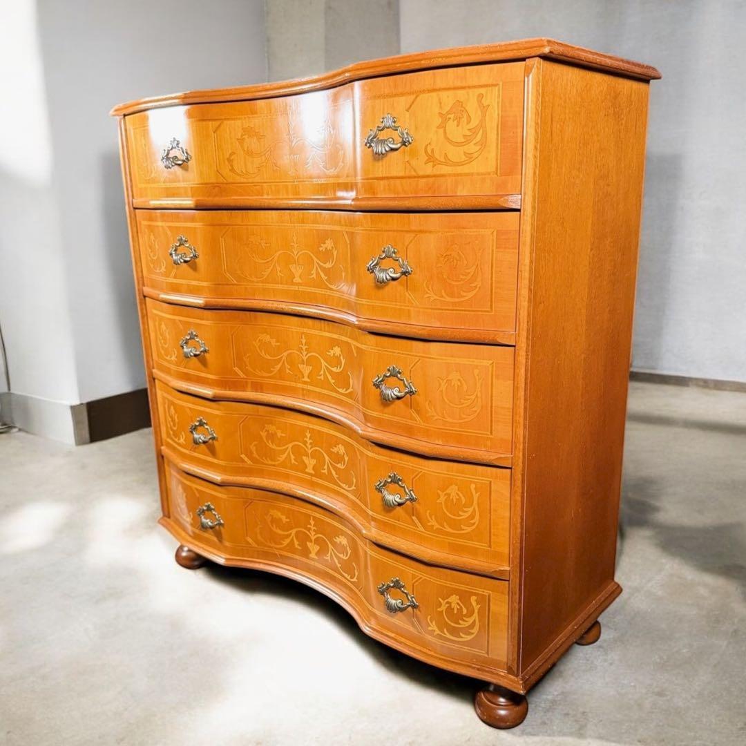 HR829 【曲線シャビー】イタリア 5段チェスト 丸脚 象嵌細工