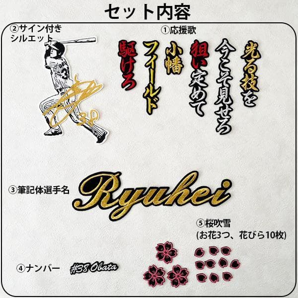 ★阪神タイガース 小幡＆大山 刺繍ワッペン 5点セット 筆記体【黒】