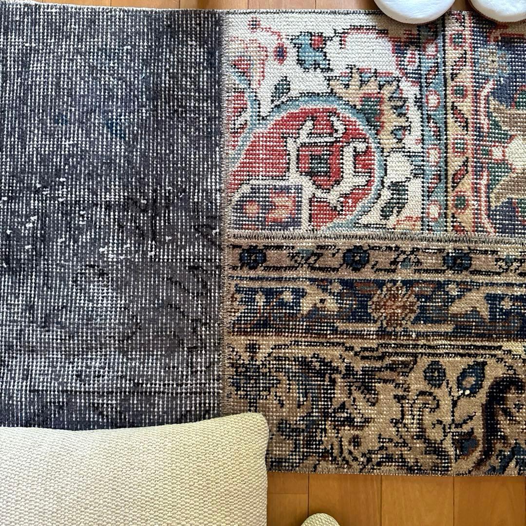 49×100 グレイ×ボタニカル　大人パッチワーク　トルコヴィンテージラグ