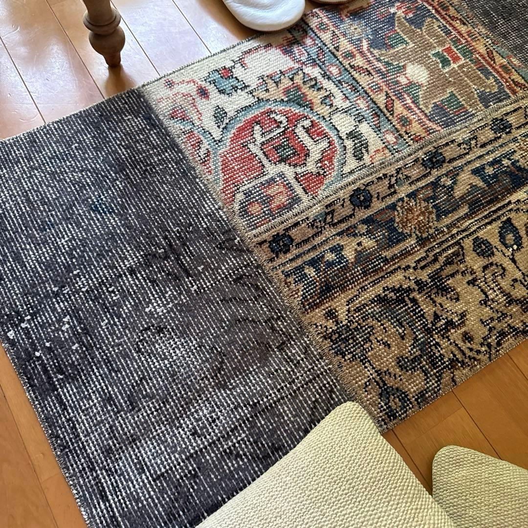 49×100 グレイ×ボタニカル　大人パッチワーク　トルコヴィンテージラグ