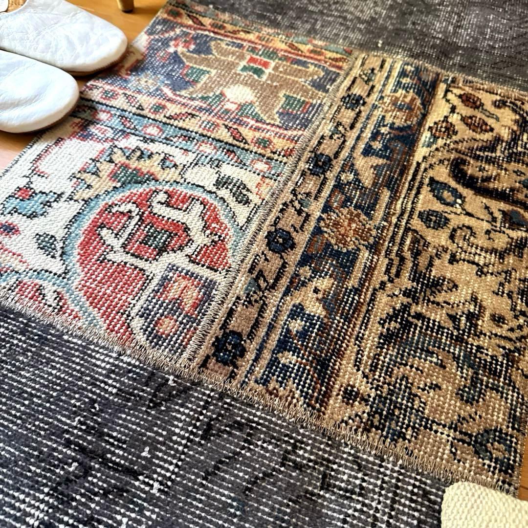 49×100 グレイ×ボタニカル　大人パッチワーク　トルコヴィンテージラグ